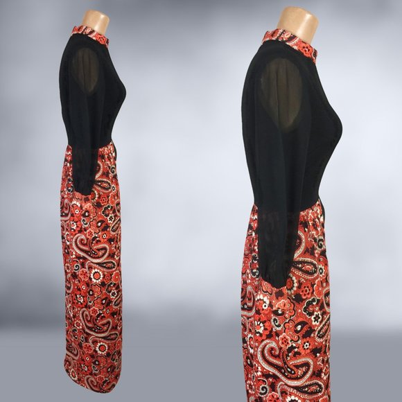 VINTAGE 70s Sheer Bishop Sleeve Paisley Print Maxi Dress size 12 - Picture 6 of 8
